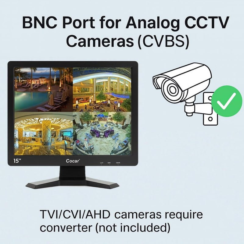 Cocar 15" CCTV BNC Monitor VGA HDMI AV, 4:3 HD Display LCD Security Screen with USB Drive Player for Surveillance Camera STB PC 1024x768 Resolution Built-in Speaker Audio in/Out - Image 4